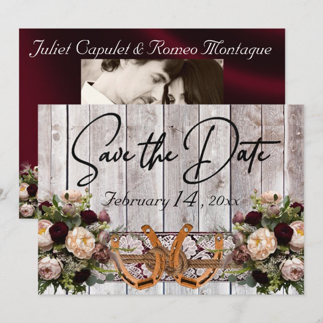 Flowers, Lace & Horseshoes Burgundy Ribbon Wedding Save The Date (Front/Back)