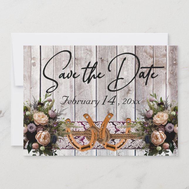 Flowers, Lace & Horseshoes Purple Ribbon Wedding Save The Date (Front)