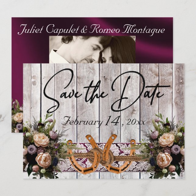 Flowers, Lace & Horseshoes Purple Ribbon Wedding Save The Date (Front/Back)