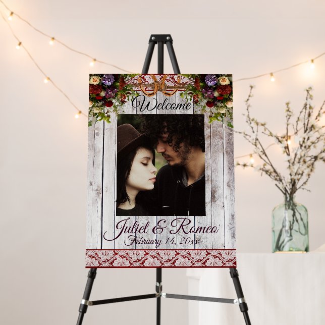 Flowers, Lace & Horseshoes, Red Ribbon Wedding Foam Board (In Situ (Stand))