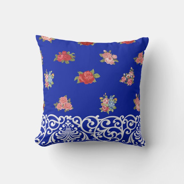 Flowers & Lace on Royal Blue, Tan & White Stripes Throw Pillow (Front)