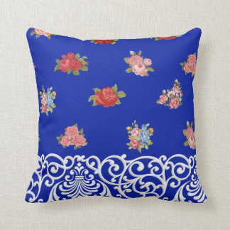 Flowers & Lace on Royal Blue, Tan & White Stripes Throw Pillow