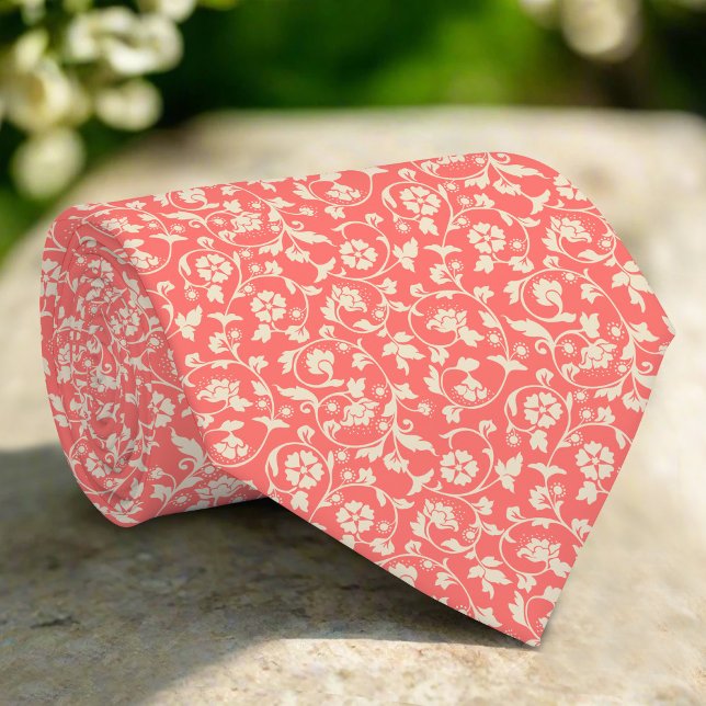 Flowers & Leaves On Light Red Background Neck Tie (Creator Uploaded)