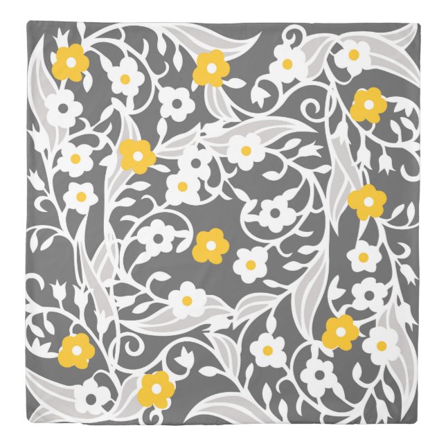 Flowers, leaves, vines, grey, white, yellow duvet cover (Front)