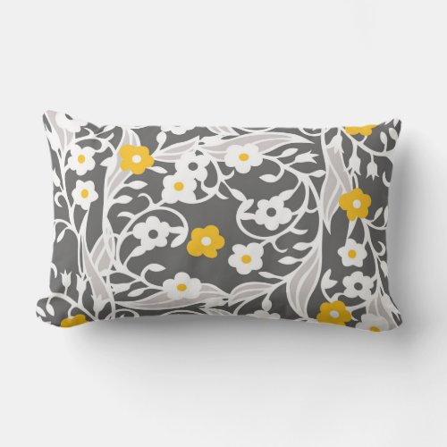 Flowers leaves vines grey white yellow lumbar pillow