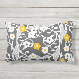 Flowers, leaves, vines, grey, white, yellow lumbar pillow