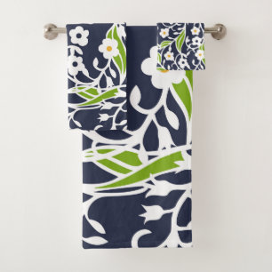 Flowers, leaves, vines, navy blue, white, green bath towel set