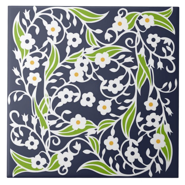 Flowers, leaves, vines, navy blue, white, green ceramic tile (Front)