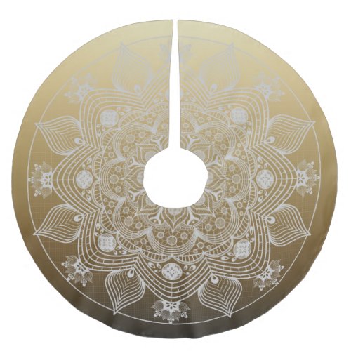 Flowers Leaves White Lace Floral Mandala on Gold Brushed Polyester Tree Skirt