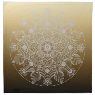 Flowers, Leaves, White Lace Floral Mandala on Gold Cloth Napkin