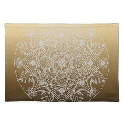 Flowers Leaves White Lace Floral Mandala on Gold Cloth Placemat