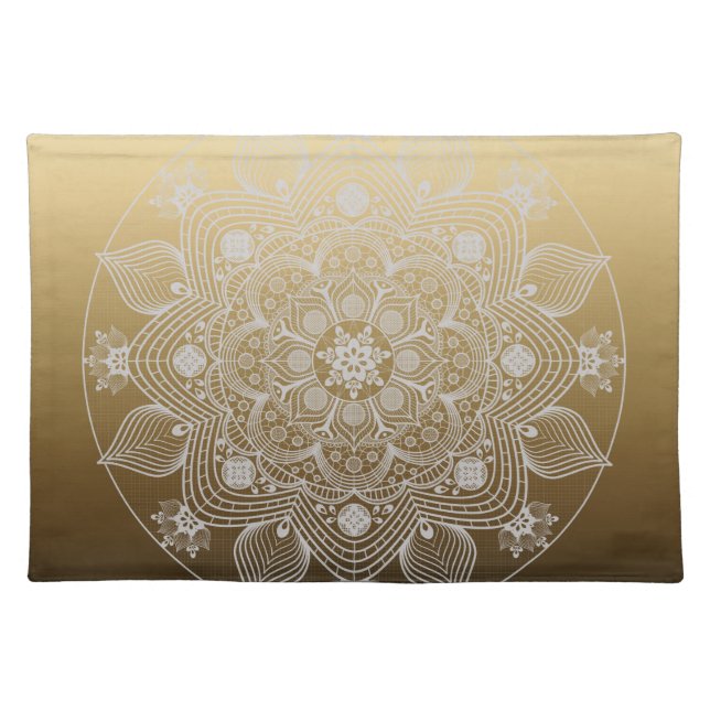 Flowers, Leaves, White Lace Floral Mandala on Gold Cloth Placemat (Front)