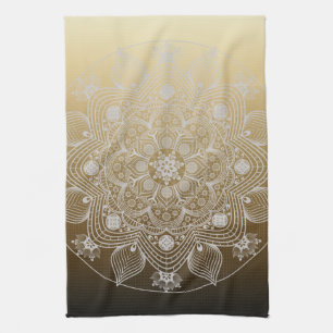 Flowers, Leaves, White Lace Floral Mandala on Gold Kitchen Towel