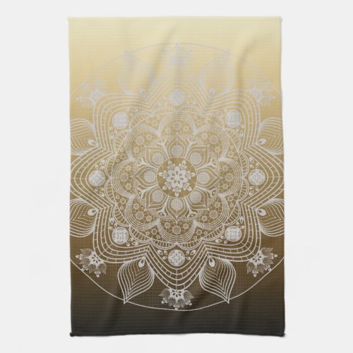 Flowers Leaves White Lace Floral Mandala on Gold Kitchen Towel