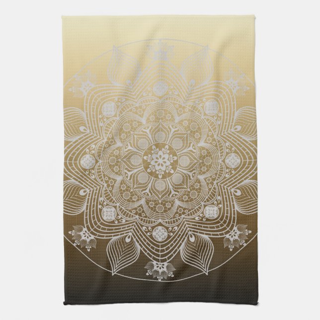 Flowers, Leaves, White Lace Floral Mandala on Gold Kitchen Towel (Vertical)