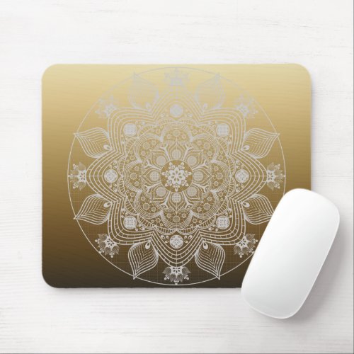 Flowers Leaves White Lace Floral Mandala on Gold Mouse Pad