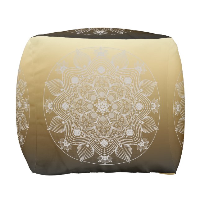 Flowers, Leaves, White Lace Floral Mandala on Gold Pouf (Front)