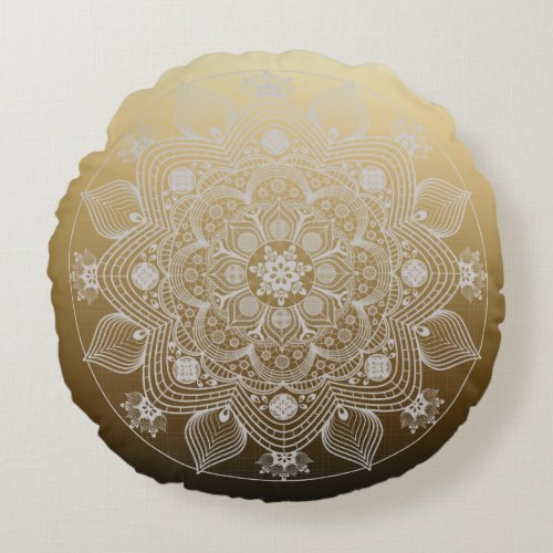 Flowers Leaves White Lace Floral Mandala on Gold Round Pillow