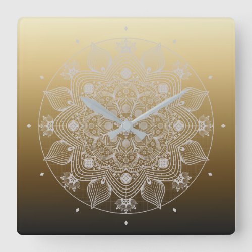 Flowers Leaves White Lace Floral Mandala on Gold Square Wall Clock