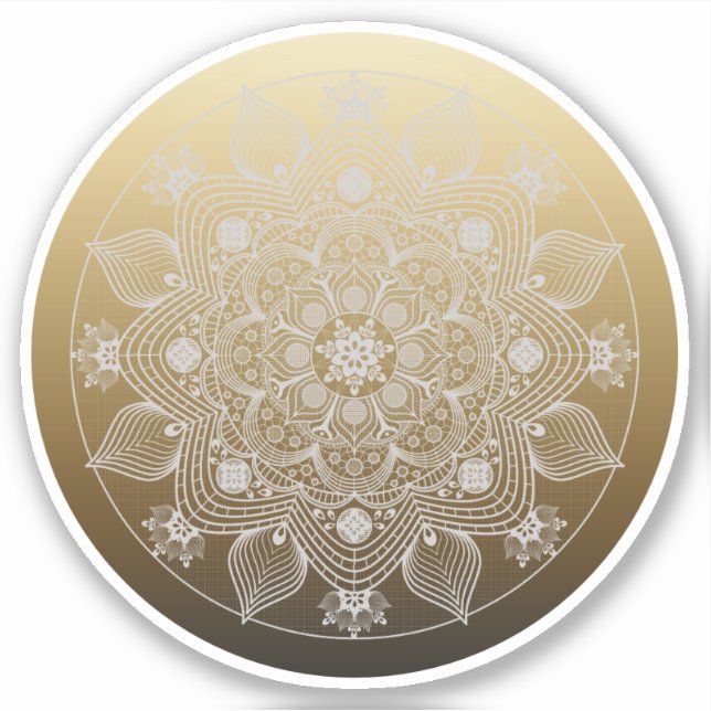 Flowers, Leaves, White Lace Floral Mandala on Gold Sticker (Front)
