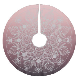 Flowers, Leaves, White Lace Floral Mandala on Pink Brushed Polyester Tree Skirt