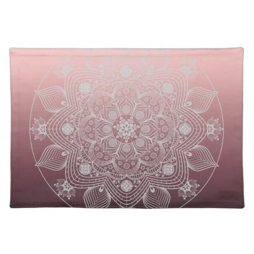 Flowers Leaves White Lace Floral Mandala on Pink Cloth Placemat