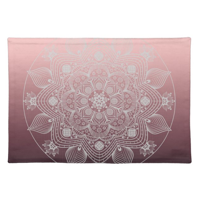Flowers, Leaves, White Lace Floral Mandala on Pink Cloth Placemat (Front)