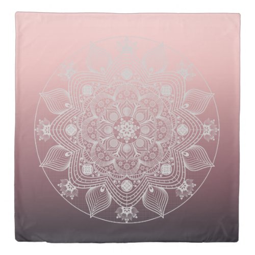 Flowers Leaves White Lace Floral Mandala on Pink Duvet Cover