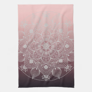 Flowers, Leaves, White Lace Floral Mandala on Pink Kitchen Towel