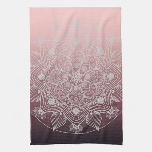 Flowers Leaves White Lace Floral Mandala on Pink Kitchen Towel