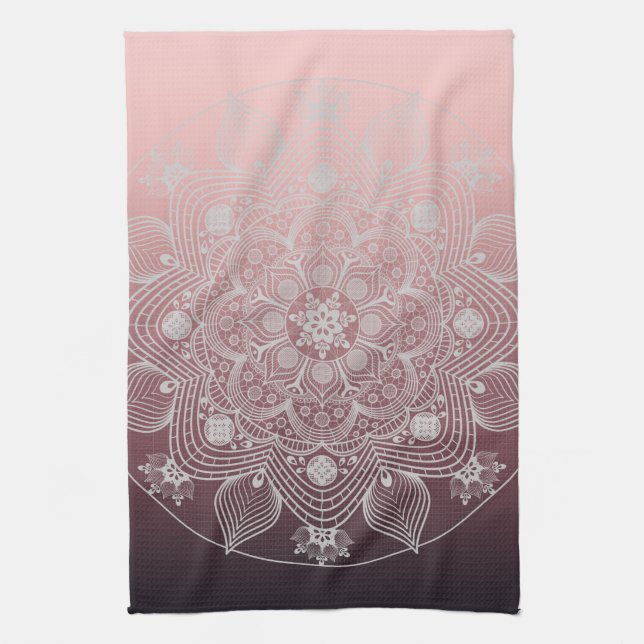 Flowers, Leaves, White Lace Floral Mandala on Pink Kitchen Towel (Vertical)