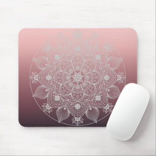 Flowers, Leaves, White Lace Floral Mandala on Pink Mouse Pad