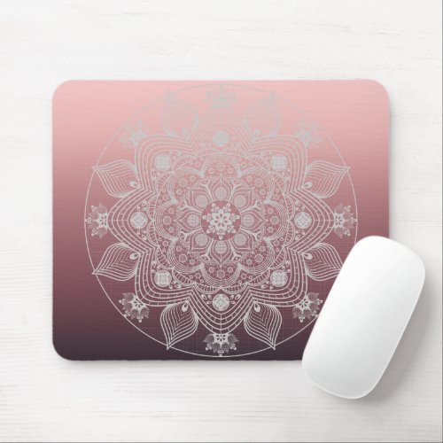 Flowers Leaves White Lace Floral Mandala on Pink Mouse Pad