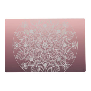Flowers, Leaves, White Lace Floral Mandala on Pink Placemat