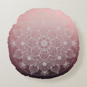 Flowers, Leaves, White Lace Floral Mandala on Pink Round Pillow