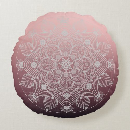 Flowers Leaves White Lace Floral Mandala on Pink Round Pillow