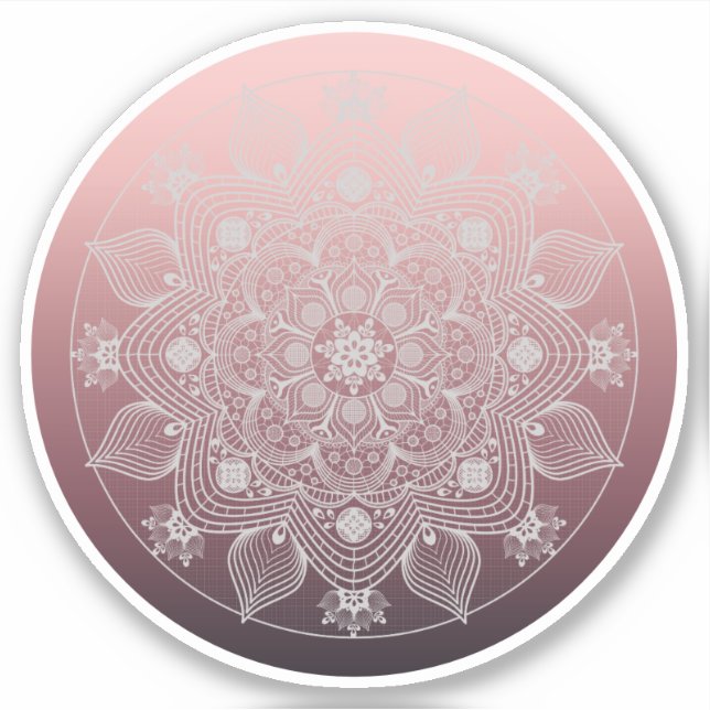 Flowers, Leaves, White Lace Floral Mandala on Pink Sticker (Front)