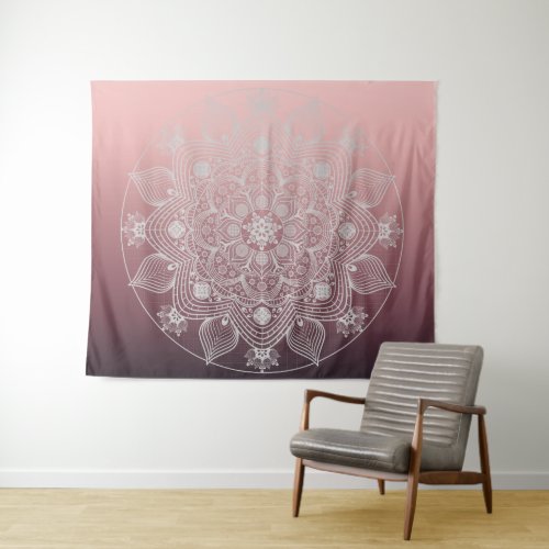 Flowers Leaves White Lace Floral Mandala on Pink Tapestry