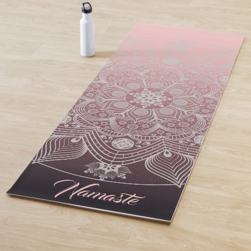 Flowers Leaves White Lace Floral Mandala on Pink Yoga Mat
