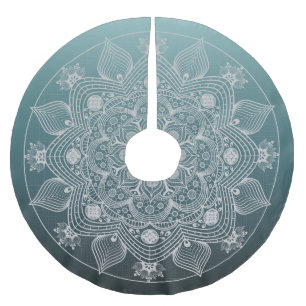 Flowers, Leaves, White Lace Floral Mandala on Teal Brushed Polyester Tree Skirt