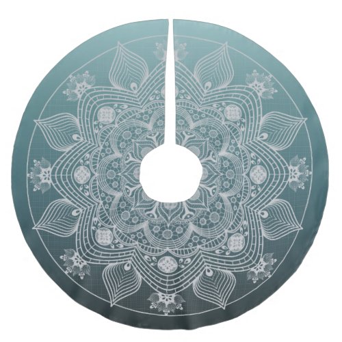 Flowers Leaves White Lace Floral Mandala on Teal Brushed Polyester Tree Skirt