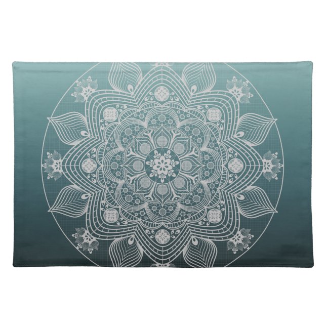 Flowers, Leaves, White Lace Floral Mandala on Teal Cloth Placemat (Front)
