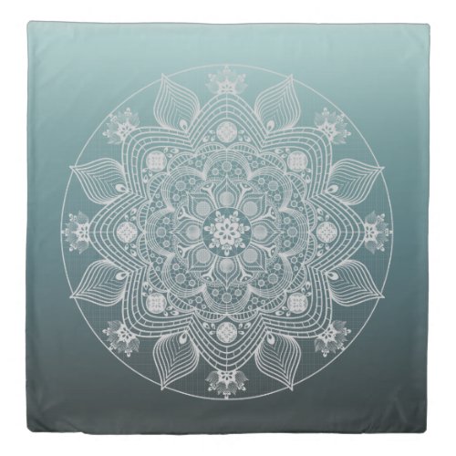 Flowers Leaves White Lace Floral Mandala on Teal Duvet Cover