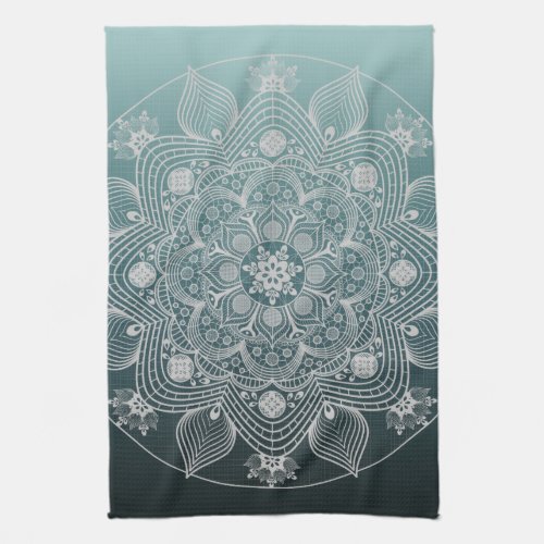 Flowers Leaves White Lace Floral Mandala on Teal Kitchen Towel