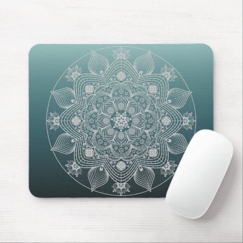 Flowers Leaves White Lace Floral Mandala on Teal Mouse Pad