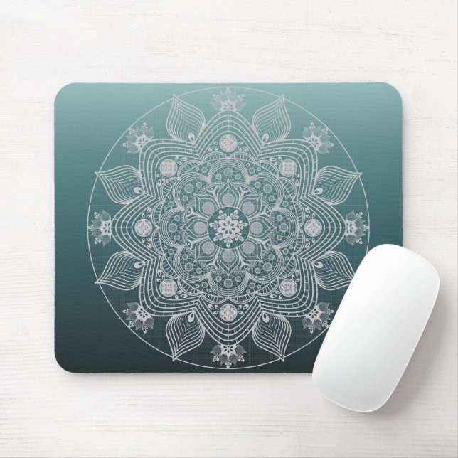Flowers, Leaves, White Lace Floral Mandala on Teal Mouse Pad (With Mouse)