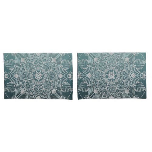 Flowers Leaves White Lace Floral Mandala on Teal Pillow Case