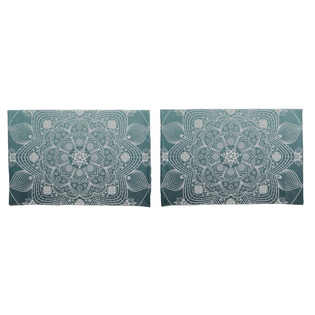 Flowers, Leaves, White Lace Floral Mandala on Teal Pillow Case (Front-Set)