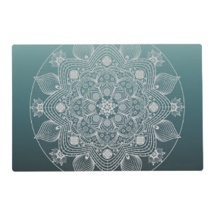 Flowers, Leaves, White Lace Floral Mandala on Teal Placemat