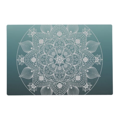 Flowers Leaves White Lace Floral Mandala on Teal Placemat